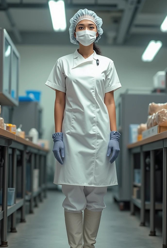 In 2d a lady with an apron, disposable cap, White uniform, gloves, face mask, Boots, of food industry