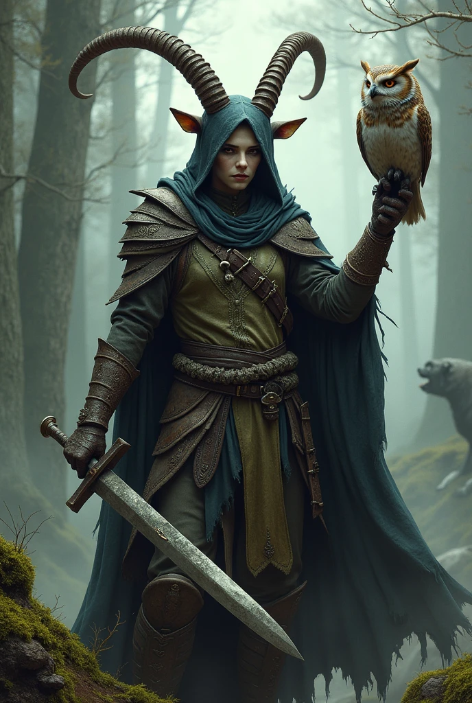 Demonia warrior with goat sword scenery with owl and wolf