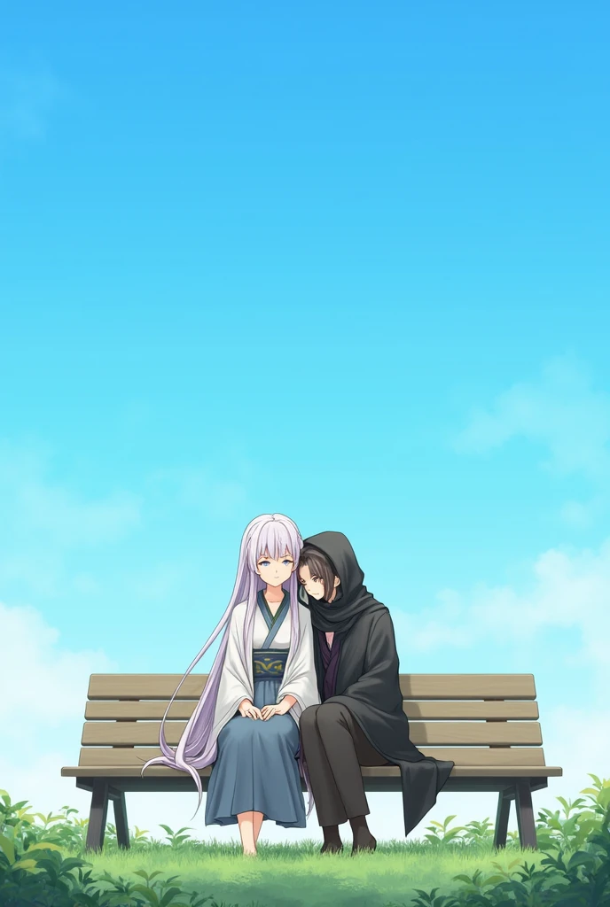 Yae Miko sitting on a bench next to the wanderer leaning on her shoulder with clear sky