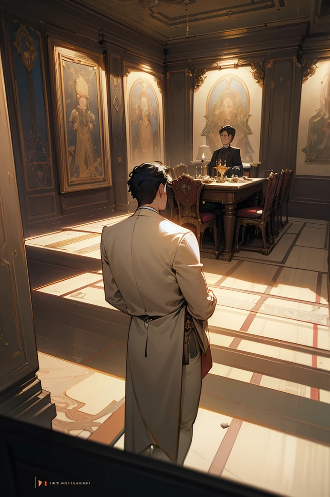 there is a dining room with a table and chairs and a chandelier, society cg 9, futurist persian palace, motor irreal cgsociety, redshift houdini, futurist. CG game, motor irreal cinema4d, ornate cyberpunk interior, Hyperrealistic Symmetrical 8k, René Lalique and Eddie Mendoza, unreal cinematic 5, unreal smooth and cinematic engine