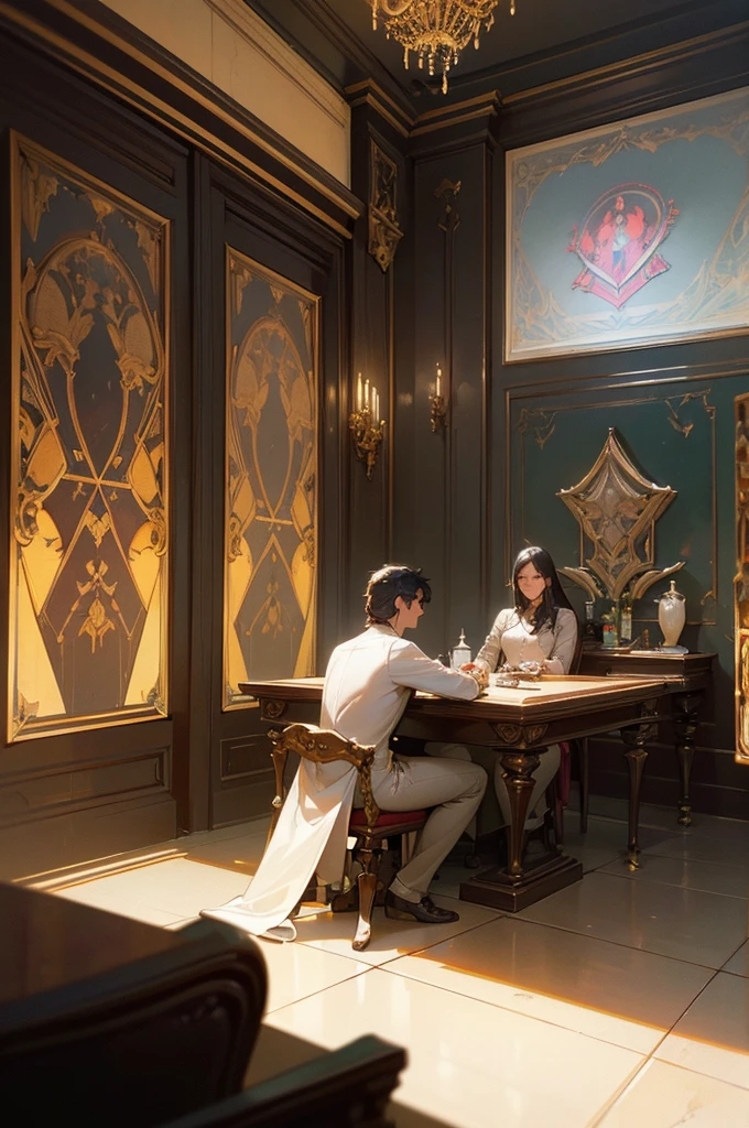 there is a dining room with a table and chairs and a chandelier, society cg 9, futurist persian palace, motor irreal cgsociety, redshift houdini, futurist. CG game, motor irreal cinema4d, ornate cyberpunk interior, Hyperrealistic Symmetrical 8k, René Lalique and Eddie Mendoza, unreal cinematic 5, unreal smooth and cinematic engine