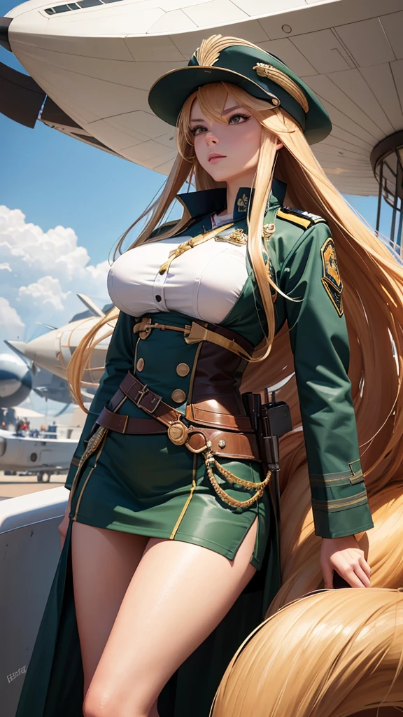 Airship,general,serious,Nine-tailed fox girl,long flowing hair,Big breasts,All American Body,Wear Sergeant Major Clothing,Wearing a sergeant's coat,black stockings