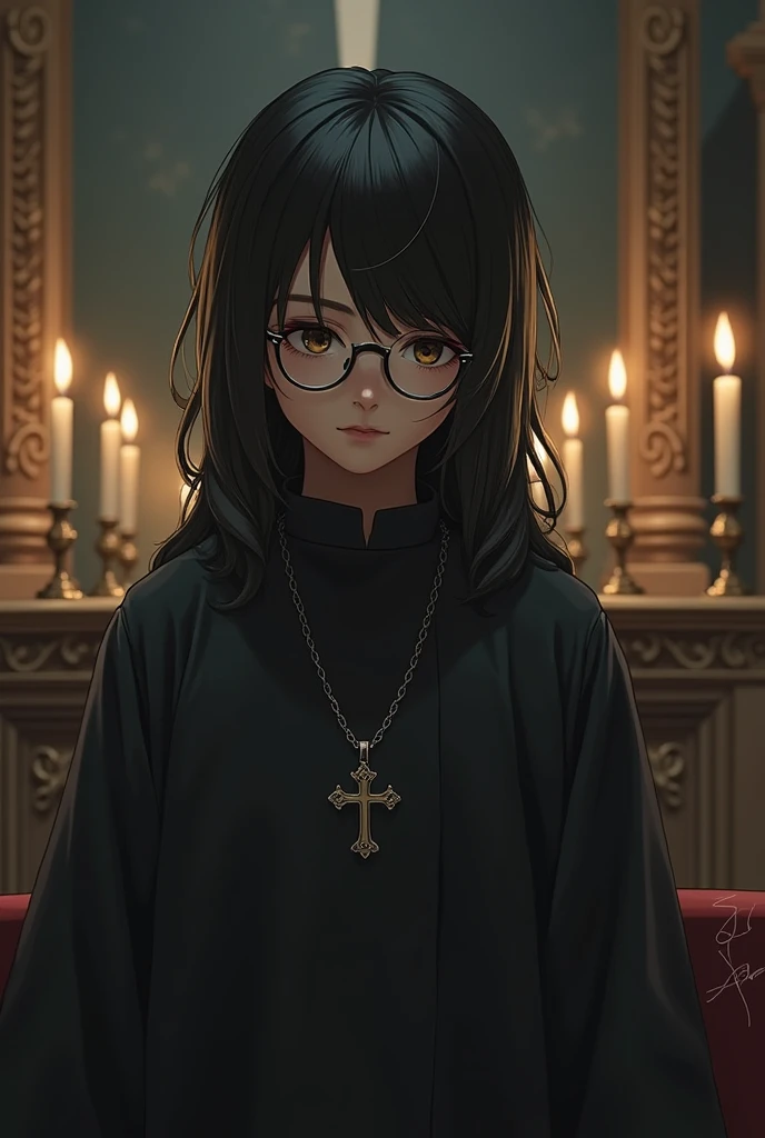  altar boy, long black hair, with round black glasses and a cross on his chest