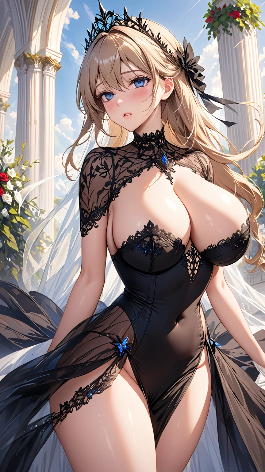 masterpiece:1.4,best-quality,Super Detail,Very Delicate and Beautiful, ((( nsfw, sexual, public indecency ))), (( A beautiful princess in sex act dress )), black lingerie, beige hair, gigantic breasts, beautiful eyes