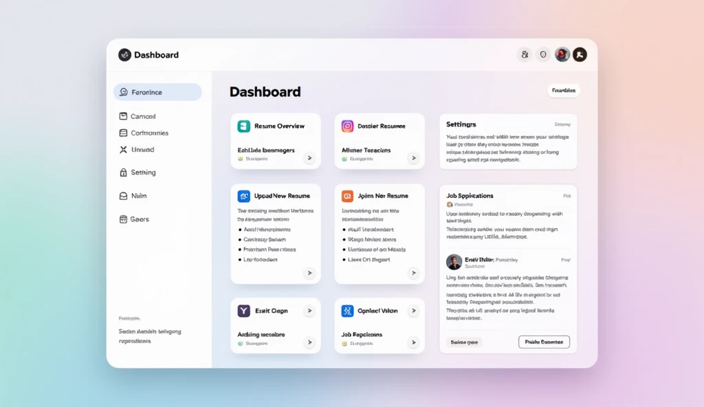 Create a pastel-themed UI dashboard for resume management that prioritizes clear and readable text. Use a soft color palette with light pinks, blues, lavenders, and greens as accents, while ensuring the text is dark enough to be easily readable (e.g., charcoal or dark gray). The dashboard should include sections such as 'Resume Overview,' 'Edit Resume,' 'Upload New Resume,' 'Job Applications,' and 'Settings.' Each section should be clearly labeled with a modern sans-serif font. Use rounded edges for cards and buttons, and incorporate soft drop shadows to enhance the text clarity. The design should balance aesthetics with functionality, making it visually appealing while ensuring all text is legible and the interface is intuitive
