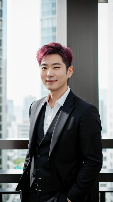1 person，A smile 40-year-old Korean man ,pink hair, In black suit，full bodyesbian，bulgin muscals，short hair, gentlesoftlighting，masterpiece，best qualtiy，8K  UHD，digital SLR camera，filmgrain,cool post in modern balcony in building 
