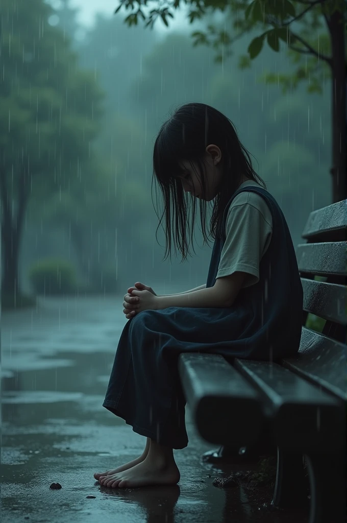 To create a detailed prompt for a sad girl image, I'll describe the scene in detail:

"A young girl sitting alone on a park bench during a rainy evening. Her head is bowed, and her long hair falls in front of her face, partially hiding her expression. She is wearing a simple, dark-colored dress, slightly wet from the rain. The background is blurred, showing raindrops falling gently and puddles forming on the ground. The overall mood is somber, with muted colors and a soft, melancholic atmosphere. Her posture and the way she holds her hands together convey a sense of deep sadness and loneliness."

Let me know if you'd like any adjustments to this prompt.