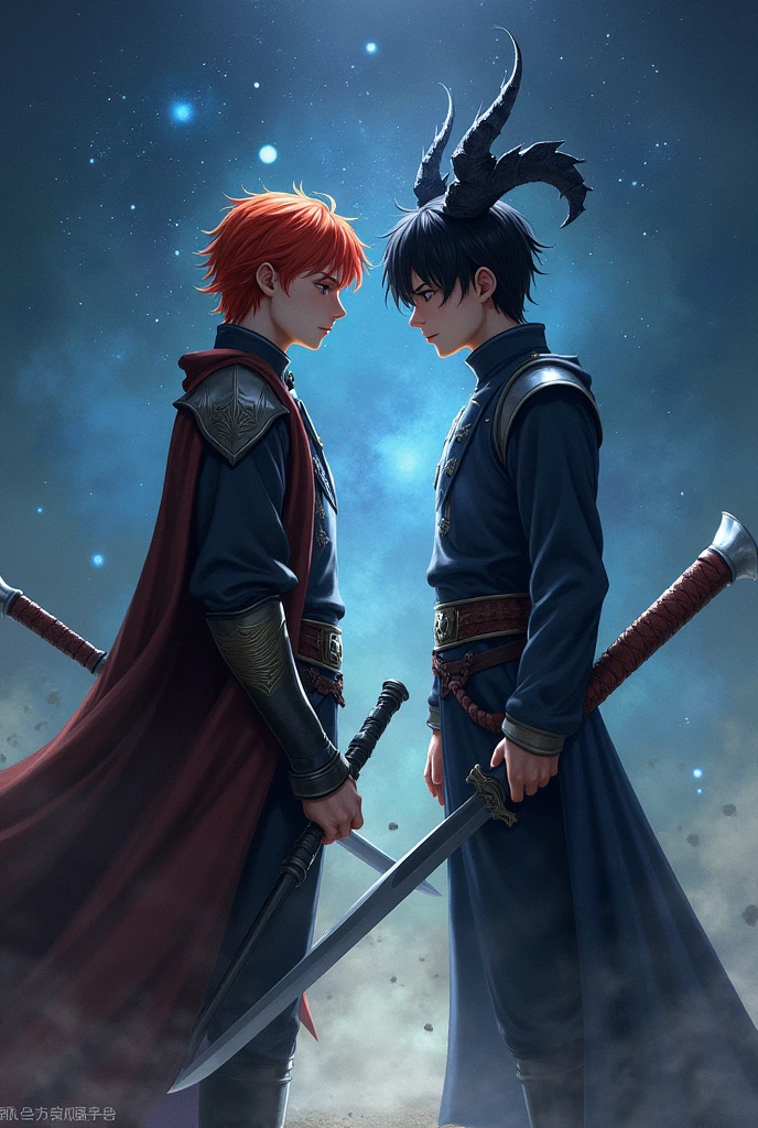 Two men stand holding guns together. The first one has short red hair that reaches his shoulders and fair skin. The second one is a taller man than the first, with black hair and dragon-like horns on his head. The background is stars.