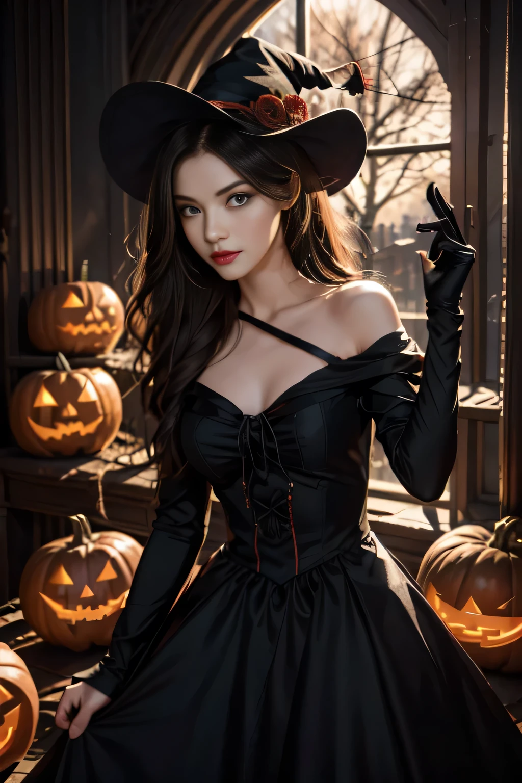 Black Hair, Hair shaking, victory, Long eyelashes, Solid round eye, A faint smile, ears red, direction, Surrealism, shadow, Relief, Stereogram, Standing picture, Throw, Atmospheric perspective, 8K, Super Detail, precise, best quality，Multiple sclerosis. Arafai, Wearing a black dress, Standing in front of a row of carved pumpkins, Halloween atmosphere, Halloween night, in a Halloween style, Halloween theme, Halloween art style, Halloween, Terrible but charming, Beautiful witch spooky woman, Beautiful witch, Halloween celebration, spooky Halloween night, trick or treat, Halloween scene, Beautiful witch, 