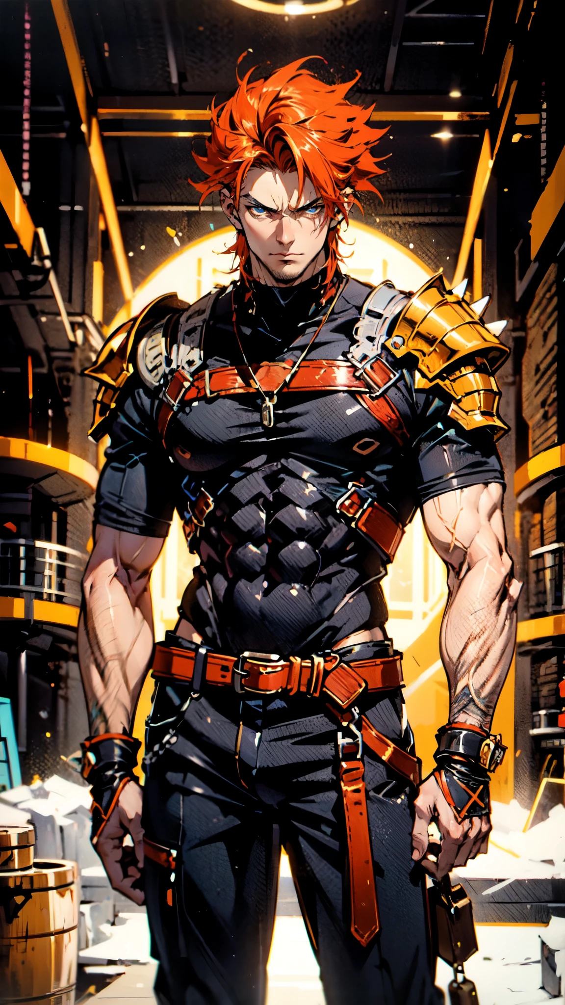 (masterpiece:1.2, best quality:1.2, extremely delicate:1.2), ((male:1.5)), a man with spiky short orange-red hair, side-parted bangs, a calm gaze, a faint smile, a mature and handsome face, dark skin, a tall and muscular build, a bare upper body, several strips of leather armor wrapped around his left shoulder and chest, wrist guards, loose beige cargo pants, standing in a massive circular arena, this character embodies a finely crafted fantasy-realist style gladiator in anime style, exquisite and mature manga art style, dramatic, high definition, highres, ultra-detailed, ultra-fine painting, professional, perfect body proportions, golden ratio, anatomically correct, symmetrical face, extremely detailed eyes and face, high quality eyes, creativity, RAW photo, UHD, 32k, Natural light, cinematic lighting, (masterpiece-anatomy-perfect:1.2)