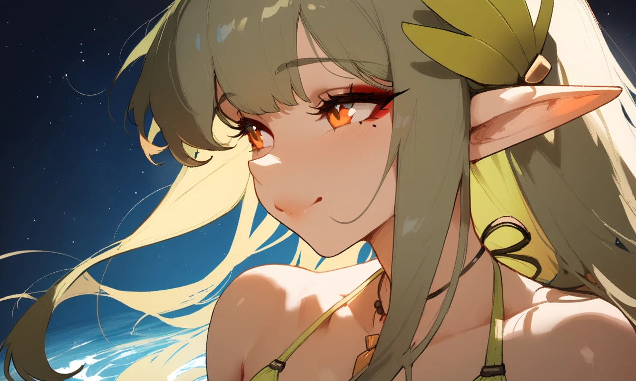 1girl, muelsyse \(arknights\), arknights \\\\\ masterpiece, best quality, very aesthetic, absurdres, newest \\\\\\ simple background, space background. lime bikini, greenery, water, orange eyes,elf ears, slim body,///// ,by nyantcha, , cutesexyrobutts,khyle ,,////// 18 years old girl,thin waist ,,solo, , stars, ^_^, portrait, ,detailed face,