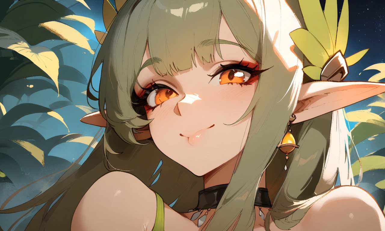 1girl, muelsyse \(arknights\), arknights \\\\\ masterpiece, best quality, very aesthetic, absurdres, newest \\\\\\ simple background, space background. lime bikini, greenery, water, orange eyes,elf ears, slim body,///// ,by nyantcha, , cutesexyrobutts,khyle ,,////// 18 years old girl,thin waist ,,solo, , stars, ^_^, portrait, ,detailed face, 