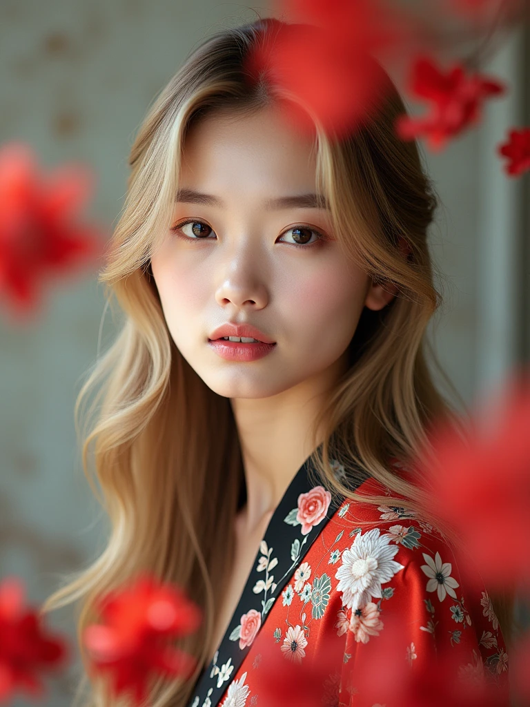 A stunning high-quality portrait photograph of a 21-year-old Chinese woman with striking features. Her fair skin contrasts with her long, wavy blonde hair, and she sports delicate facial features, including full lips that naturally showcase a soft pink hue and light brown eyes. The subject dons a captivating floral-patterned garment in red, white, and black, which creates a vibrant contrast against the soft, neutral background. The composition is further enhanced by the dreamy and ethereal effect of blurred red flowers in the foreground. The lighting is expertly executed, casting a soft, natural glow that accentuates the subject's serene expression and the intricate details of her attire and surroundings.