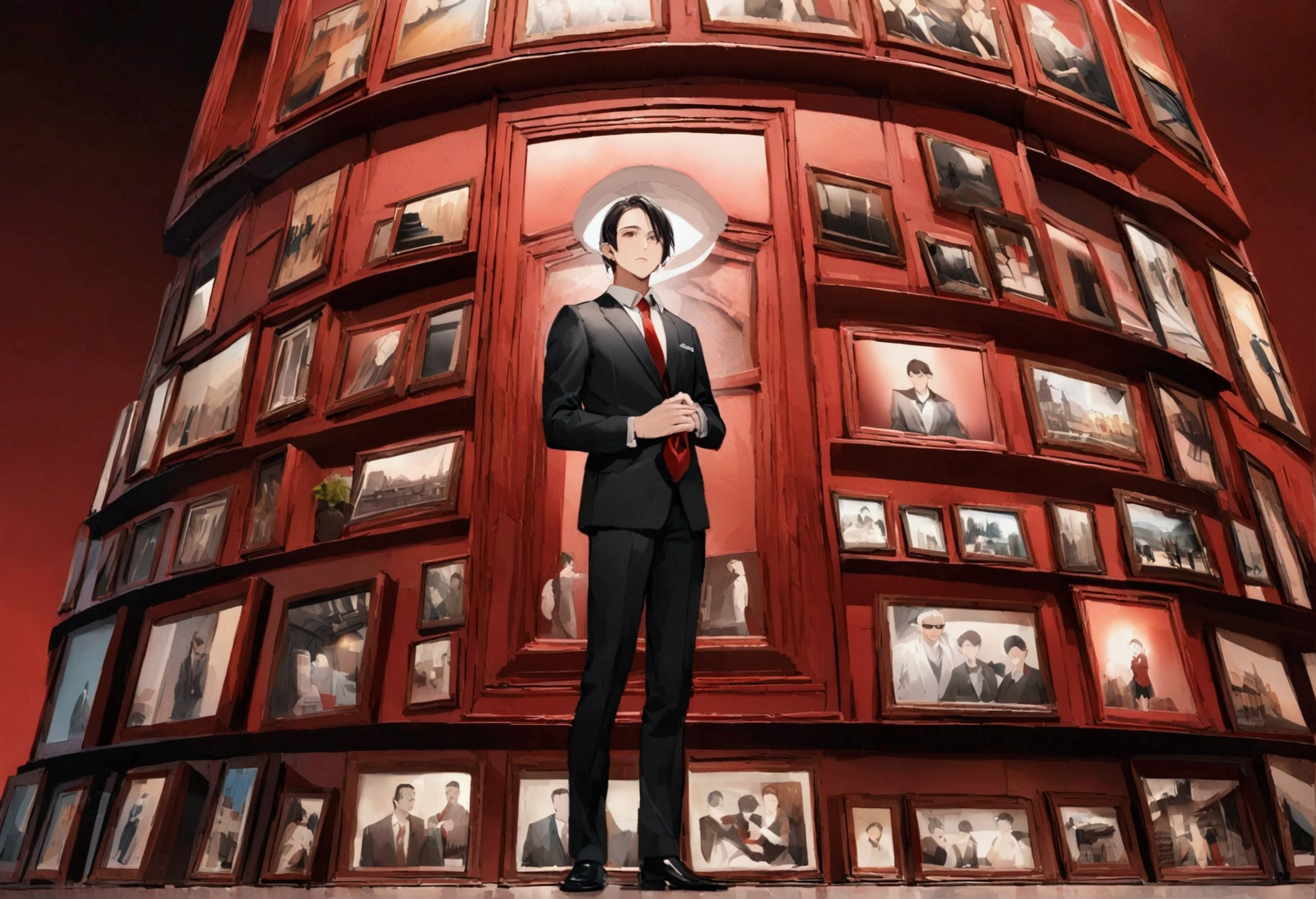 Chico, Alone, standing, adjusting his tie, whole body, a photo of a man in his twenties, shiny black suit, wine red background shirt, straight hair styled to one side, structure organizes, big company, clear sky