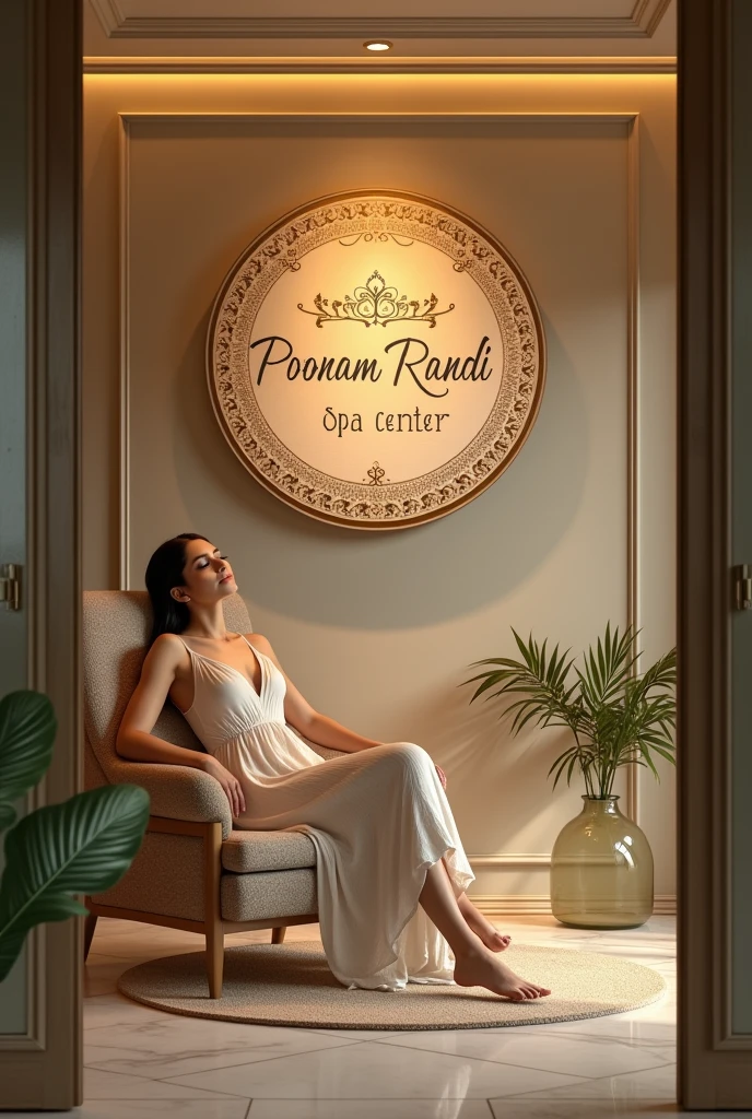 Spa center name on board poonam randi spa center a women sit on chair