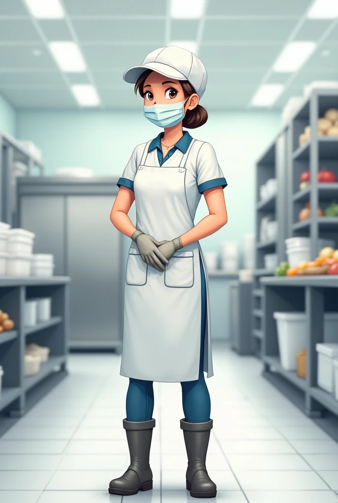 In 2d a lady with an apron, disposable cap, White uniform, gloves, face mask, Boots, of food industry