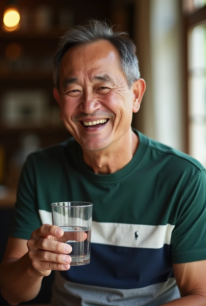 A 60 year old man holding a glass of water in his right hand, laughing, wearing a dark green, navy blue and white striped Ralph Lauren T-Shirt, his hair is very short and dark brown to gray