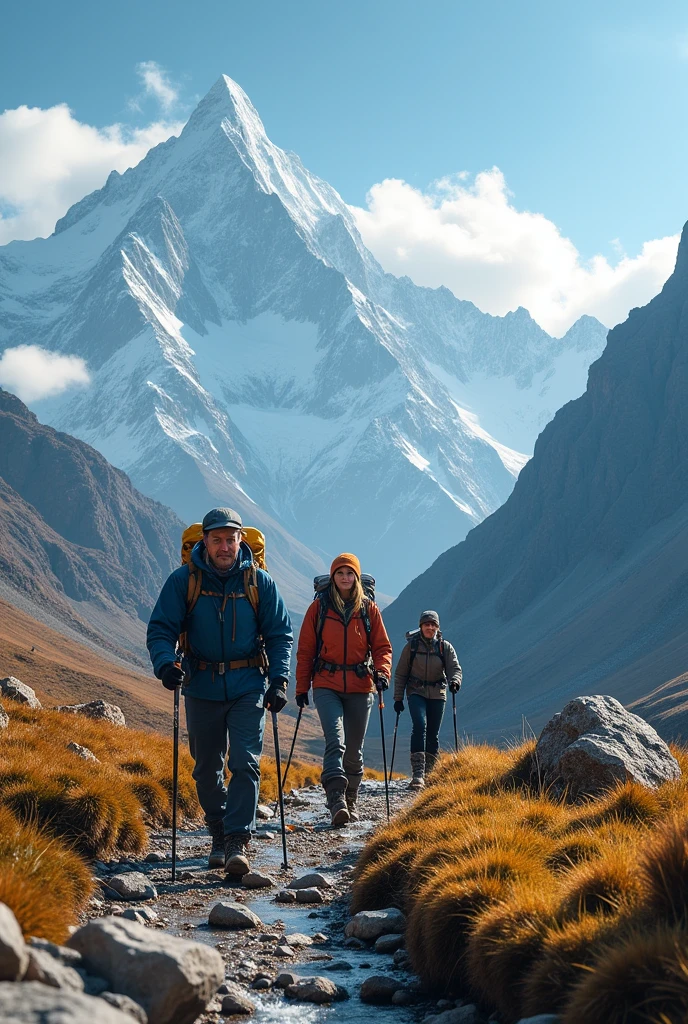 The photo where a  man and two woman are trekking  in himalayas 