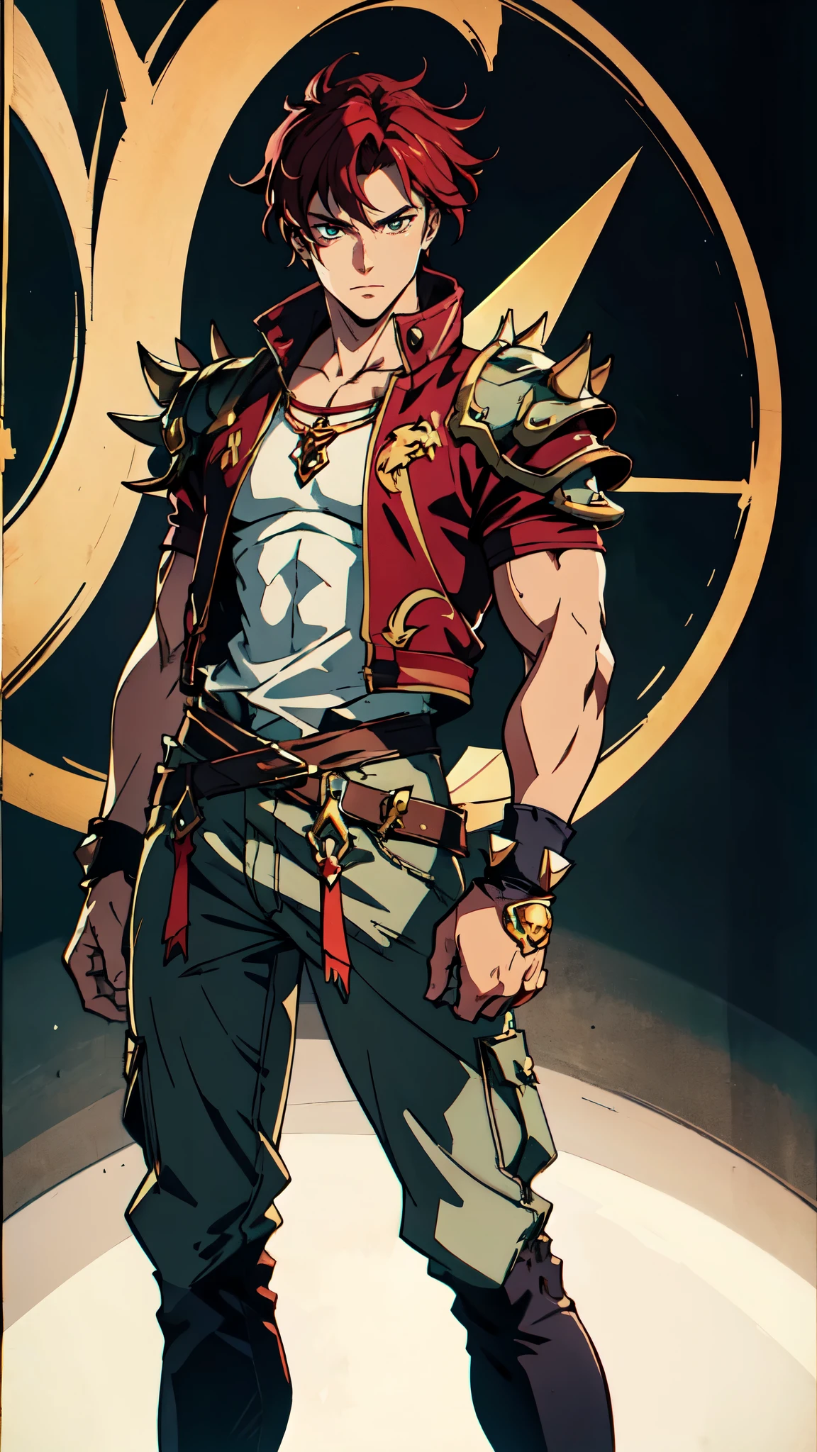 (masterpiece:1.2, best quality:1.2, extremely delicate:1.2), ((male:1.5)), a man with spiky short orange-red hair, side-parted bangs, a calm gaze, a faint smile, a mature and handsome face, dark skin, a tall and muscular build, a bare upper body, several strips of leather armor wrapped around his left shoulder and chest, wrist guards, loose beige cargo pants, standing in a massive circular arena, this character embodies a finely crafted fantasy-realist style gladiator in anime style, exquisite and mature manga art style, dramatic, high definition, highres, ultra-detailed, ultra-fine painting, professional, perfect body proportions, golden ratio, anatomically correct, symmetrical face, extremely detailed eyes and face, high quality eyes, creativity, RAW photo, UHD, 32k, Natural light, cinematic lighting, (masterpiece-anatomy-perfect:1.2)