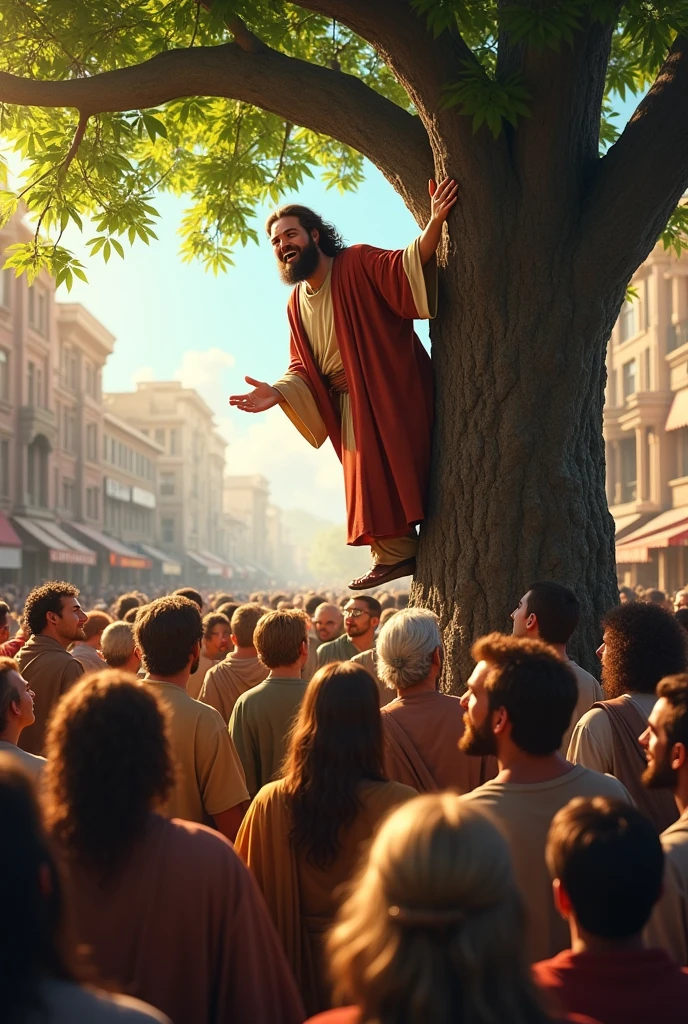Zacchaeus joyfully comes down from the tree to meet Jesus in the middle of the crowd 