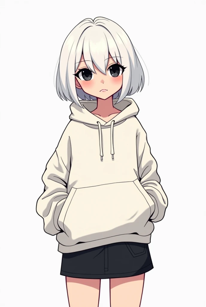 comic style Cute russian Tall girl, albino skin , white Bobcut haired, black eyes, ín a loose white hoodie, black miniskirt