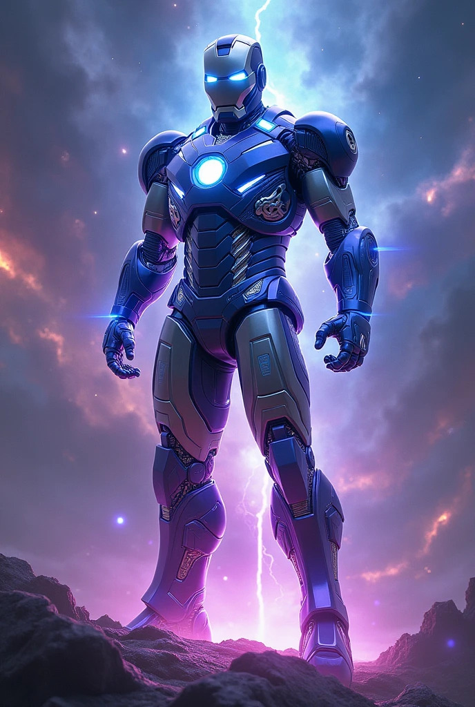 An iron man with cosmic armor of stars of purple and blue color