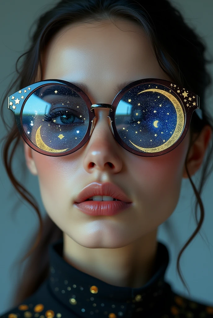 The model is wearing glass sunglasses with stars and the moon on the glass