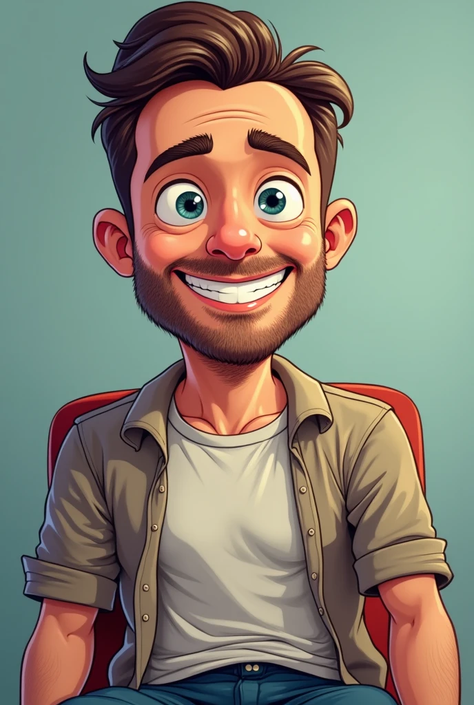 A man with a straight face and a grin on his face  sitting[ cartoon ]
