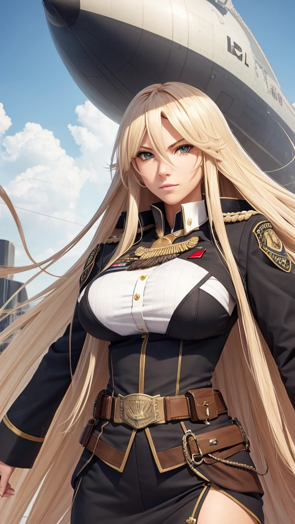 Airship,general,serious,Nine-tailed fox girl,long flowing hair,Big breasts,All American Body,Wear Sergeant Major Clothing,Wearing a sergeant's coat,black stockings