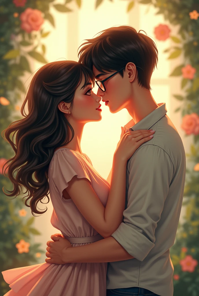 Draw a picture of a young couple in love, the girl has curly hair and the boy has straight hair and wears glasses.