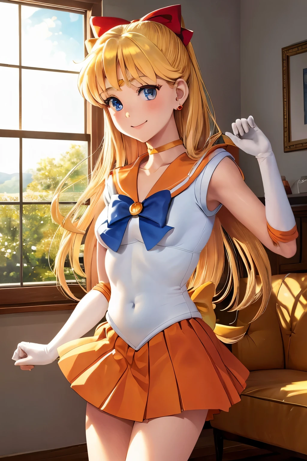 (masterpiece), (Highest quality), (High resolution), (Sailor Venus), (aino minako), One girl, Blonde, Very long hair, blue eyes, Hair Ribbon, Red Bow, tiara, orange choker, small Breasts, (Sailor Warrior Uniform, Sailor Venus), (Perfect hands, Perfect Anatomy), White gloves, jewelry, Earrings, Magical girl, Orange Skirt, Elbow hand pockets, Pleated skirt, Orange sailor collar, mini skirt, Cowboy Shot, smile, indoors, living room