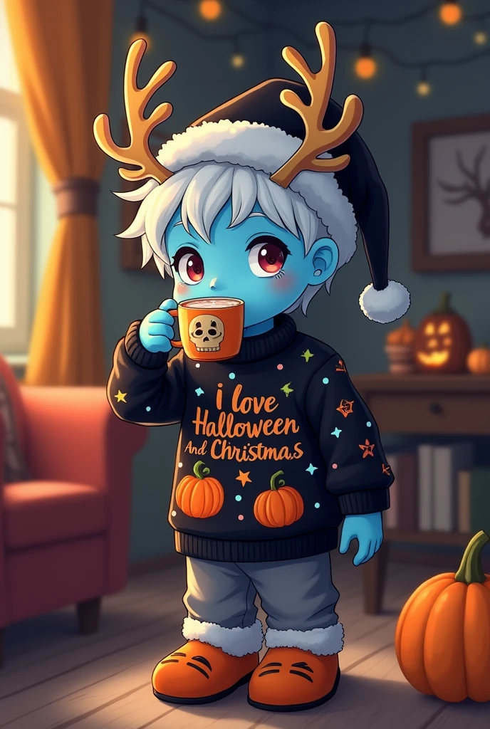 This image has to be in anime or cartoon, a ghost boy with blue skin, one meter and 90 cm tall, white hair, deer antlers, is wearing a black and orange Christmas sweater with Halloween details that are pumpkins and it says I love Halloween and Christmas on it. He is wearing gray winter pants, pumpkin slippers, he is wearing a black Santa Claus hat that has a small furry skull on the tip. He is drinking hot chocolate in a cup that has the Krampus drawn on it. His antlers are decorated with Christmas lights. He is in a room decorated for both Halloween and Christmas.