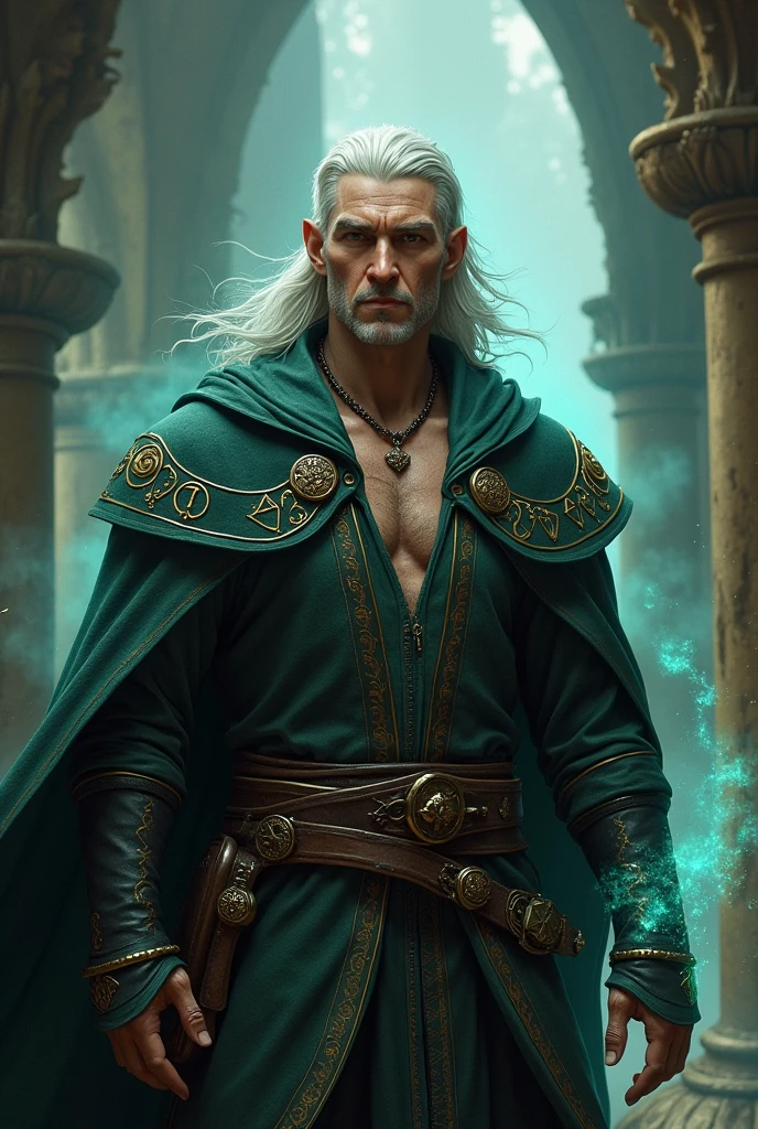 Half-elf wizard with a scar on his chest