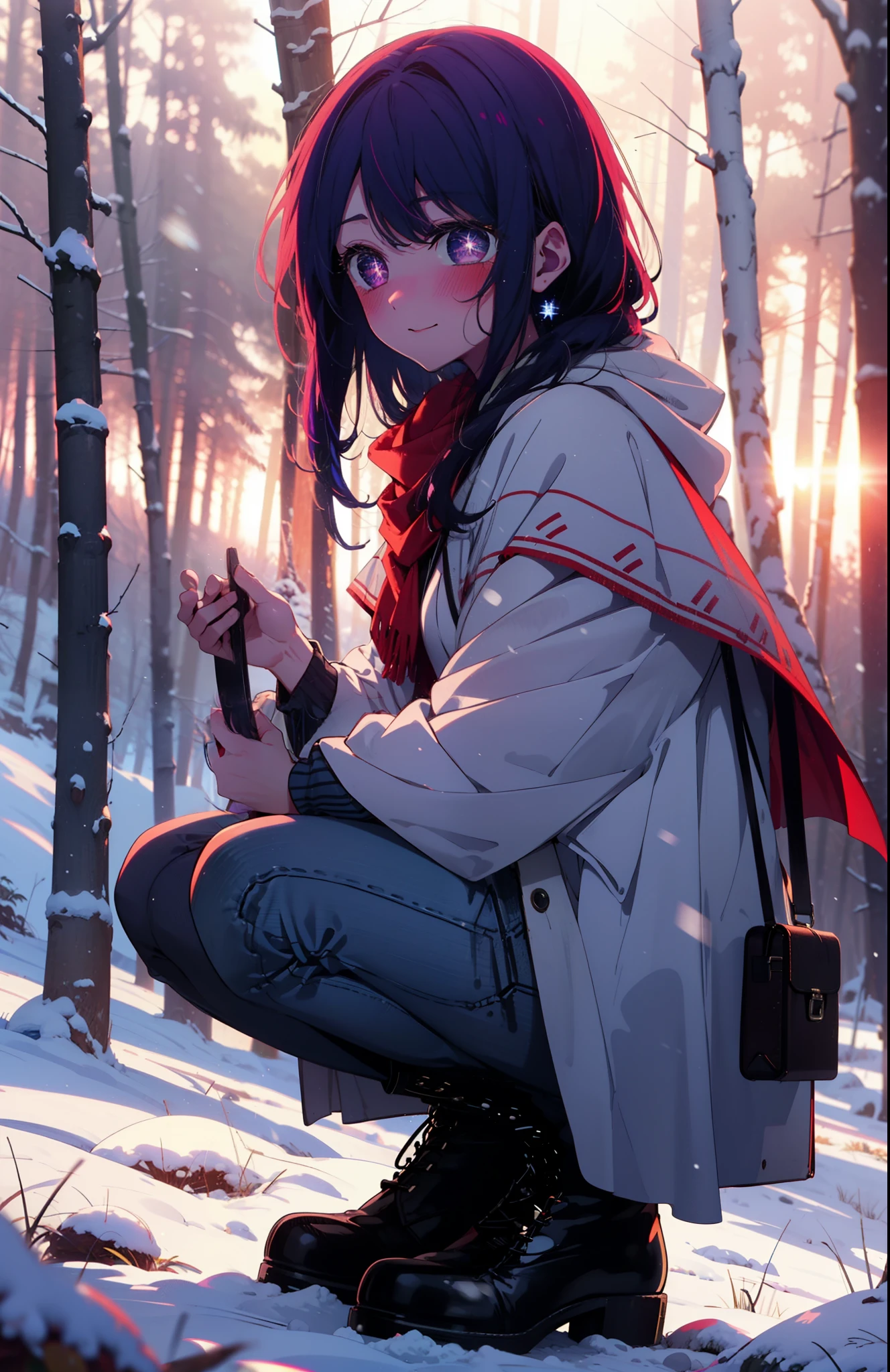 aihoshino, Ai Hoshino, Long Hair, bangs, (Purple eyes:1.1), Purple Hair, (Symbol-shaped pupil:1.5), smile,,smile,blush,white breath,
Open your mouth,snow,Ground bonfire, Outdoor, boots, snowing, From the side, wood, suitcase, Cape, Blurred, , forest, White handbag, nature, Squat, Mouth closed, Cape, winter, Written boundary depth, Black shoes, red Cape break looking at viewer, Upper Body, whole body, break Outdoor, forest, nature, break (masterpiece:1.2), Highest quality, High resolution, unity 8k wallpaper, (shape:0.8), (Beautiful and beautiful eyes:1.6), Highly detailed face, Perfect lighting, Highly detailed CG, (Perfect hands, Perfect Anatomy),