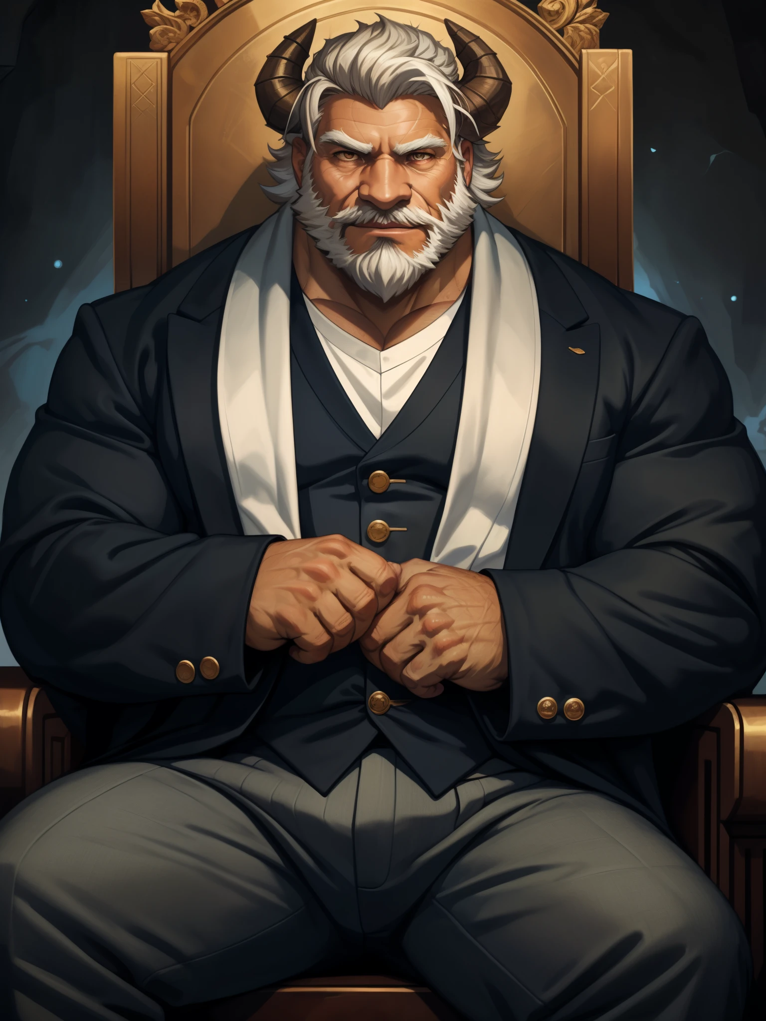 there is a huge muscular old man in a suits sitting in thrones, short hair, bearded, white hair and beard, wrinkles skinned, strong muscle, strong and intimidated, masterpiece,  character portrait, muscular, commission for high res, male, epic and classy portrait, fantasy art, very very beautiful art, dapper dream demon