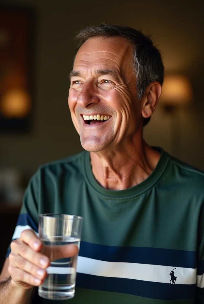 A 60 year old man holding a glass of water in his right hand, laughing, wearing a dark green, navy blue and white striped Ralph Lauren T-Shirt, his hair is very short and dark brown to gray,