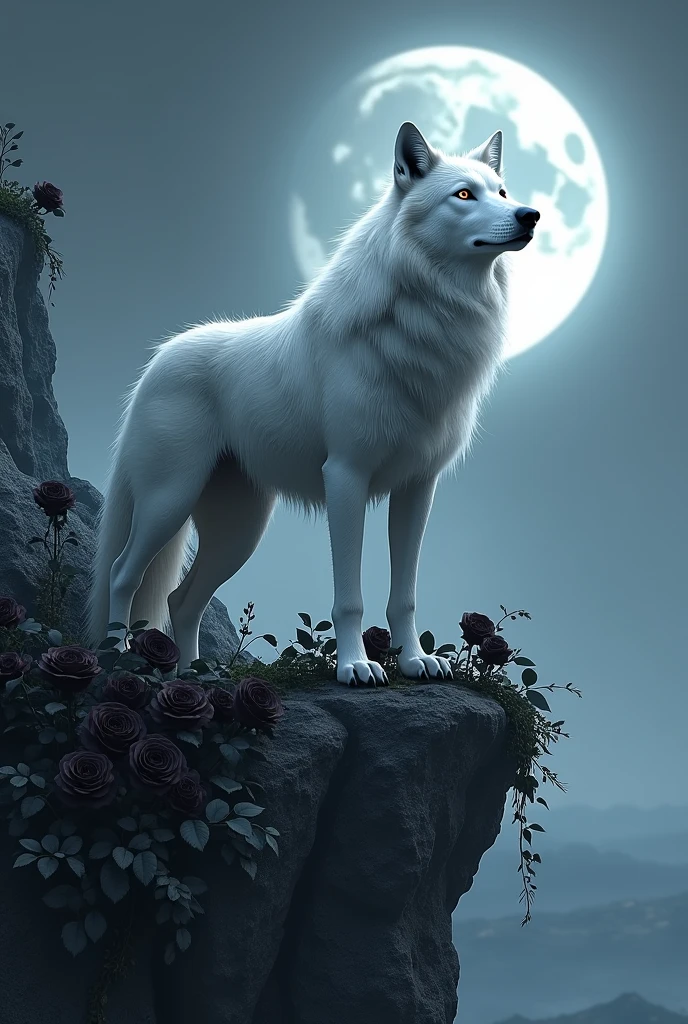 White wolf with black roses standing the cliff of full moon