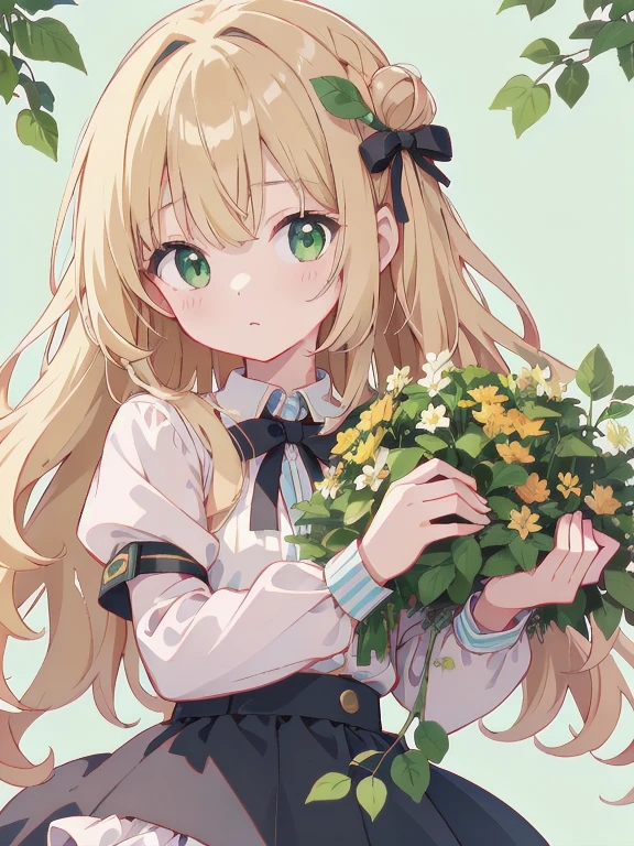 Highest quality、Ultra-high resolution、Detailed face and eyes、Eye highlights、A young girl around ************、Long wavy blonde hair、Bloomers,Short skirt,Thirtyan、Upper body close-up、Green leafy tree々