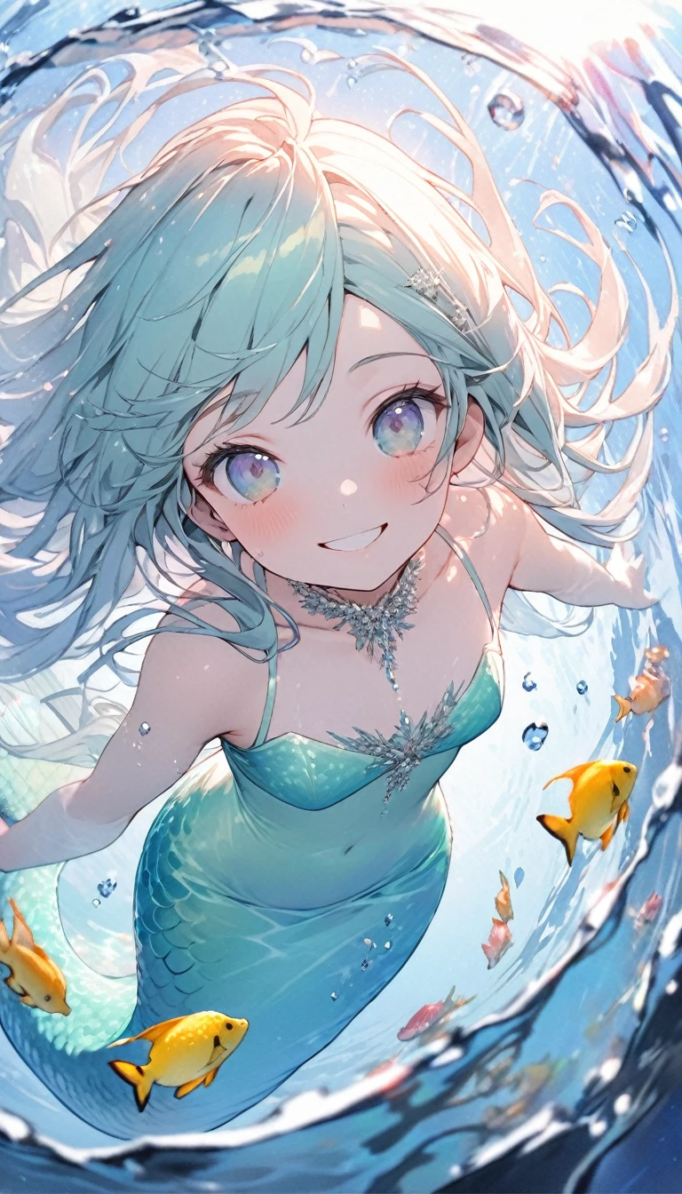 (masterpiece:1.3), (Highest quality:1.2), (shape:1.2), (Very detailed:1.2), (Pixiv:1.4), Ultra-high resolution, watercolor, A girl with dull mimosa-colored bangs and eyes, (masterpiece:1.3), (Highest quality:1.2), (shape:1.2), (Very detailed:1.2), (Pixiv:1.4), Ultra-high resolution, watercolor,View your audience ,Focus Eye,The Shining, Many rays, (Transparent lake:1.3), Emerald Lake, , Swimming underwater, (tropical fish:1.3) Pastel Tones, Flat Tone, Upward glance, Tilt your head, whole body, Twinkle smile, One Girl, alone, 15 years old, Beautiful face and eyes in every detail, Mermaid,, Hair fluttering, (well-proportioned body:1.2), (Dynamic Angle:1.3) (Beautiful Hair:1.2), (masterpiece:1.2) , (Highest quality:1.2) , (Very detailed:1.2), There are 1000 tiny bubbles around it, Bubbles in the light,