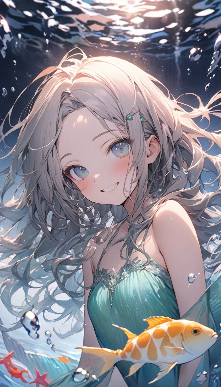 (masterpiece:1.3), (Highest quality:1.2), (shape:1.2), (Very detailed:1.2), (Pixiv:1.4), Ultra-high resolution, watercolor, A girl with dull mimosa-colored bangs and eyes, (masterpiece:1.3), (Highest quality:1.2), (shape:1.2), (Very detailed:1.2), (Pixiv:1.4), Ultra-high resolution, watercolor,View your audience ,Focus Eye,The Shining, Many rays, (Transparent lake:1.3), Emerald Lake, , Swimming underwater, (tropical fish:1.3) Pastel Tones, Flat Tone, Upward glance, Tilt your head, whole body, Twinkle smile, One Girl, alone, 15 years old, Beautiful face and eyes in every detail, Mermaid,, Hair fluttering, (well-proportioned body:1.2), (Dynamic Angle:1.3) (Beautiful Hair:1.2), (masterpiece:1.2) , (Highest quality:1.2) , (Very detailed:1.2), There are 1000 tiny bubbles around it, Bubbles in the light,