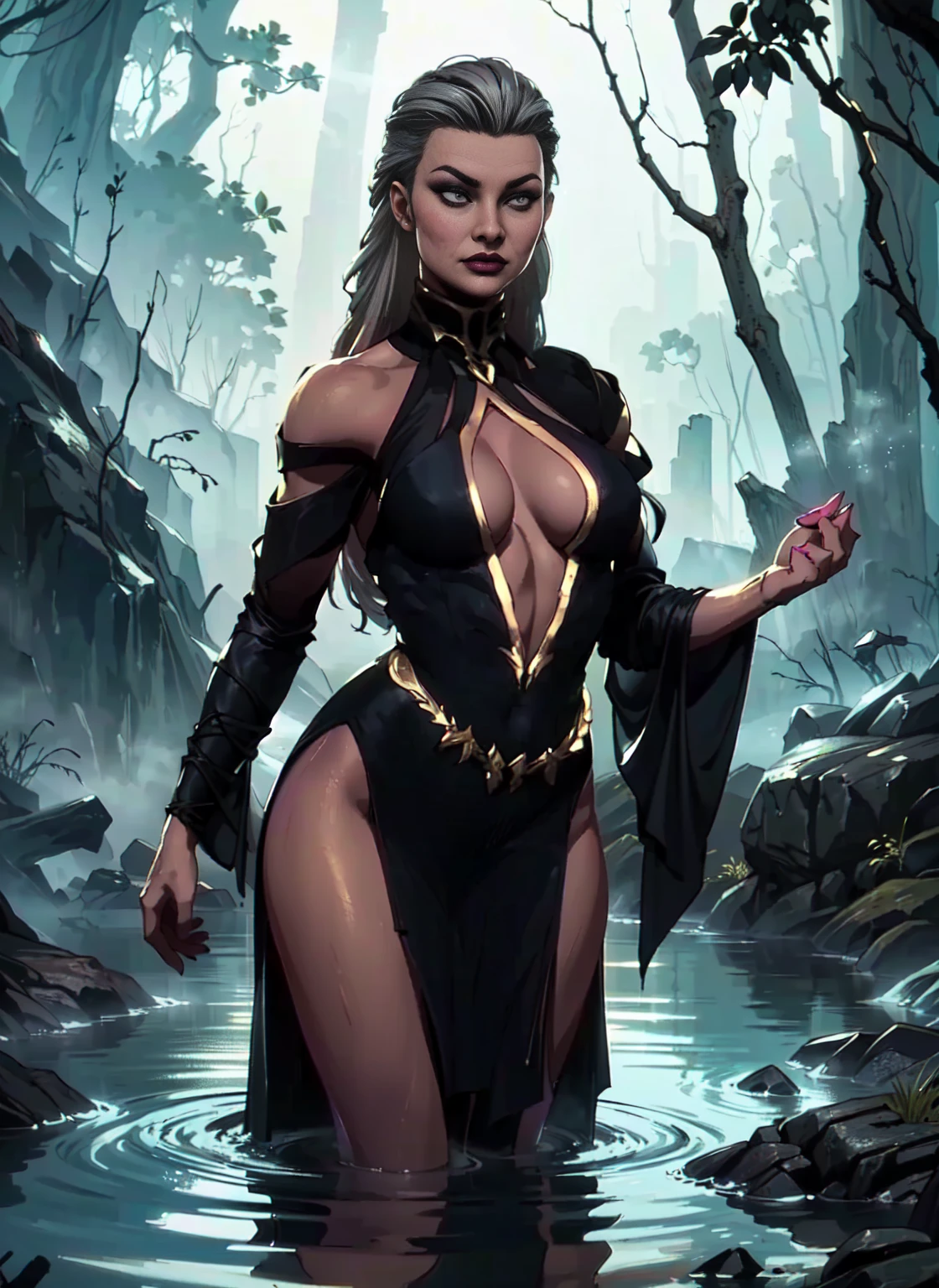 (1girl, alone, alone), (Mortal Kombat 11: Aftermath, elegant and flawless face, Sindel, gray hair, Sidel hair, long hair pulled back, long hair slicked back, multicolored hair, imposing expression, air of superiority, glamorous , arrogant), ((alone, (1 woman, pink lipstick, black eyes), extremely detailed, soft ambient lighting, 4k, perfect eyes, a perfect face, perfect lighting, the 1girl)), ((fitness,, shapely body, athletic body, toned body)), ((black dress, linen dress, swamp, fog, mist, in the water, swamp witch, dress in gold, gold ornaments, fine jewelry, trees, dawn, thighs, vine, dark))