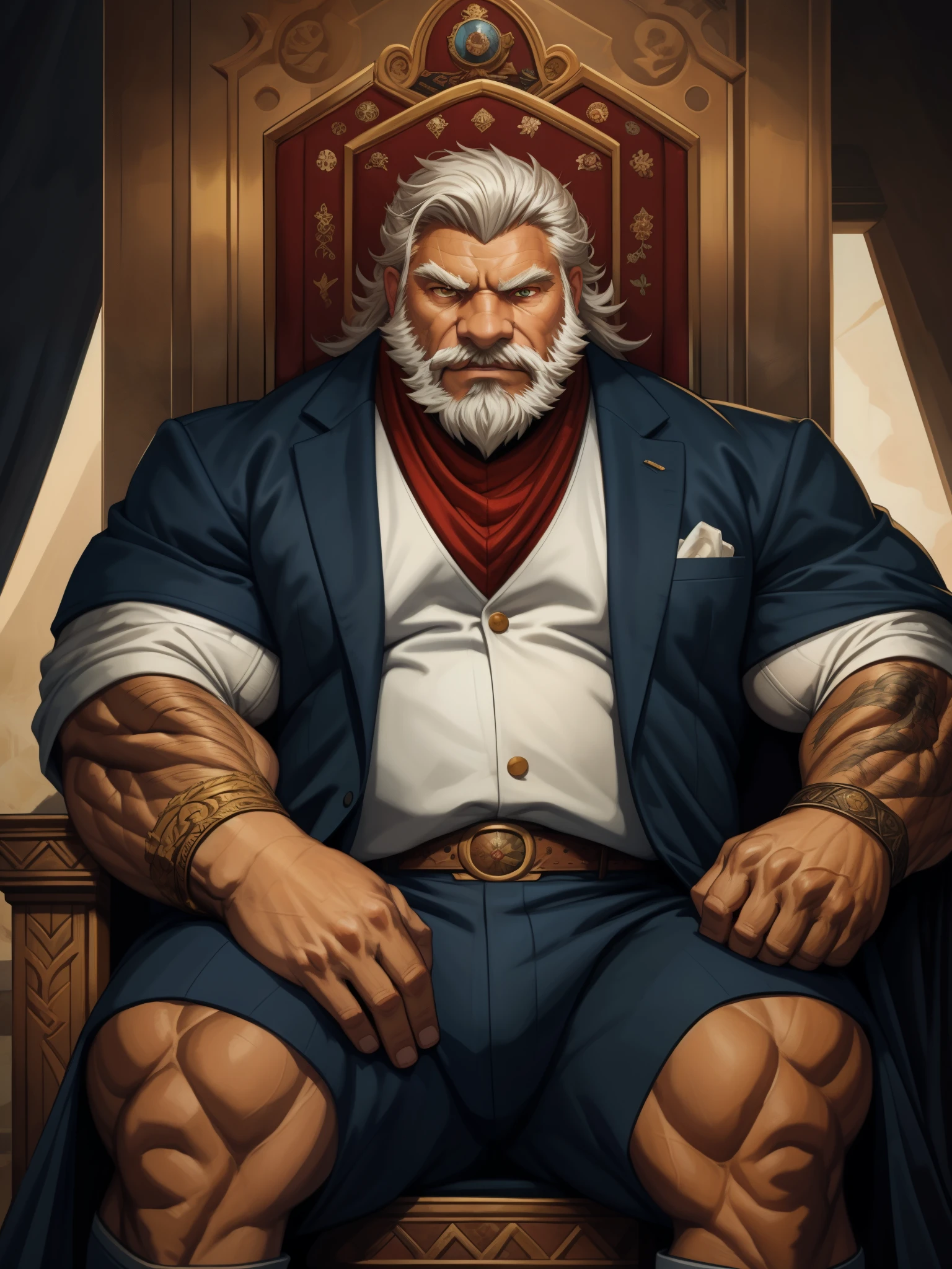 there is a huge muscular old man in a suits sitting in thrones, hand on thighs, sharp eyes, serious mode, angry face, short hair, bearded, white hair and beard, wrinkles skinned, strong muscle, strong and intimidated, masterpiece,  character portrait, muscular, commission for high res, male, epic and classy portrait, fantasy art, very very beautiful art