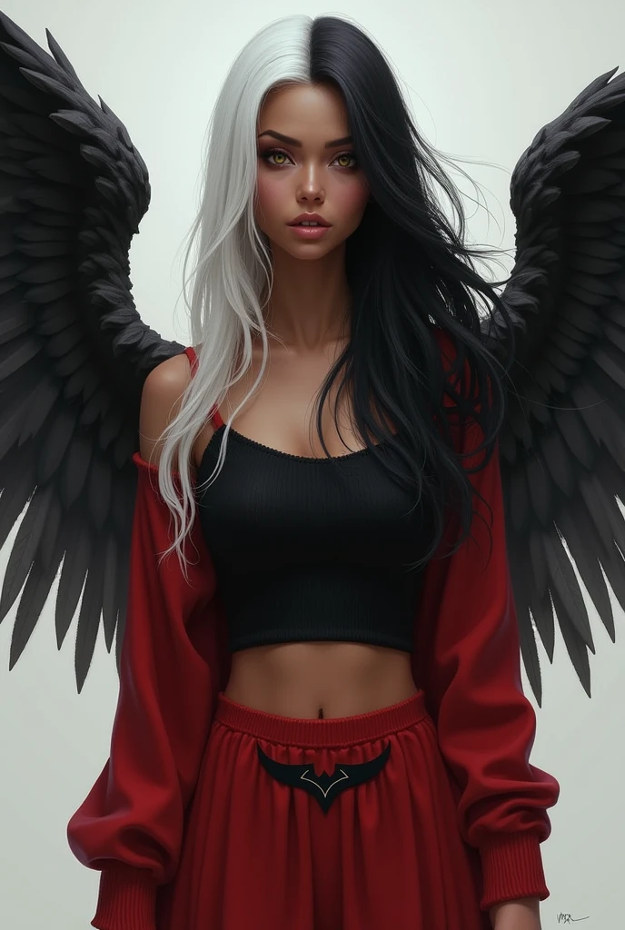 Light brown skinned woman with long black hair and a white lock wearing a black shirt with a short red sweater that reaches above her waist and has a black achievement and a red skirt and has two-tone wings on her back, one is black and white