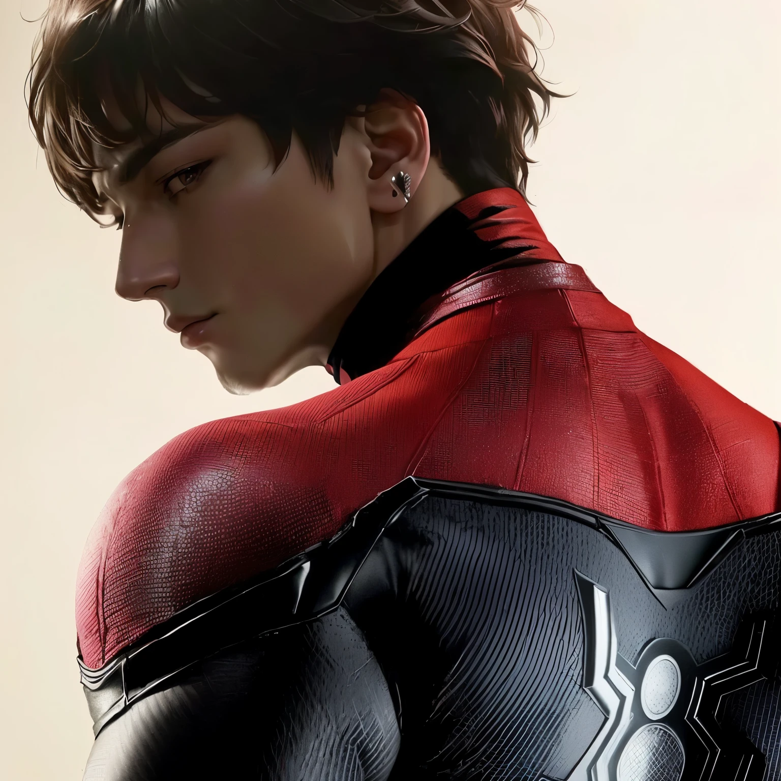 Imagine Jeon Jungkook, the charismatic member of BTS, dressed in the iconic Deadpool uniform. He wears the tight red and black outfit, that hugs your athletic silhouette, Highlighting Your Defined Muscles. Deadpool's mask partially covers his face, but leaves visible his expressive eyes and a lock of black hair that escapes from the upper part, providing a touch of style. Black gloves wrap around your hands, and the utility belt with the iconic Deadpool buckle, in the form of a "X", wraps around your waist. The black boots rise to just below the knees, completing the rugged and lethal look. in back, Jungkook carries Deadpool's two katana swords, crossed in a leather sheath. His posture is confident and slightly provocative., perfectly channeling Deadpool's irreverent humor and defiant attitude. He is on a street, clear and cloudy weather, he on top of a wall