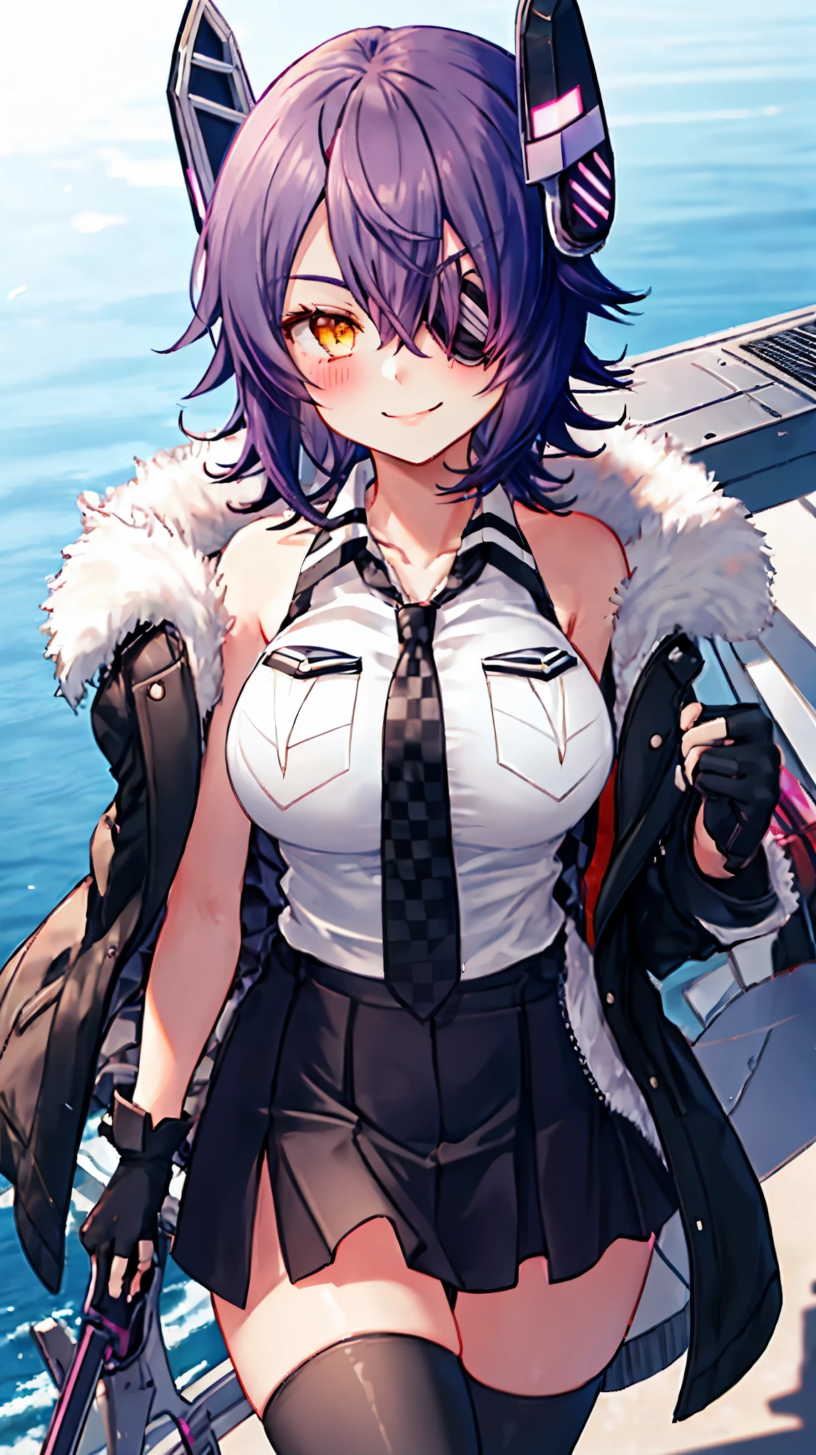 best quality, masterpiece, solo, {tenryuu_kantaicollection:1.15}, _girl, eyepatch, short_hair, purple_hair, yellow_eyes, headgear, breasts, necktie, large_breasts, smile, 1girl, blush, checkered_necktie, hair_over_one_eye, shirt, collared_shirt, white_shirt, jacket, sleeveless, brown_eyes, fur-trimmed_jacket, fur_trim, collarbone, looking_at_viewer, pocket, breast_pocket, ,, messy_hair, black_gloves, gloves, partially_fingerless_gloves,harbor_road_landscape_background,outdoor,short_skirt,thigh-highs,boots,sunlight,from_below
