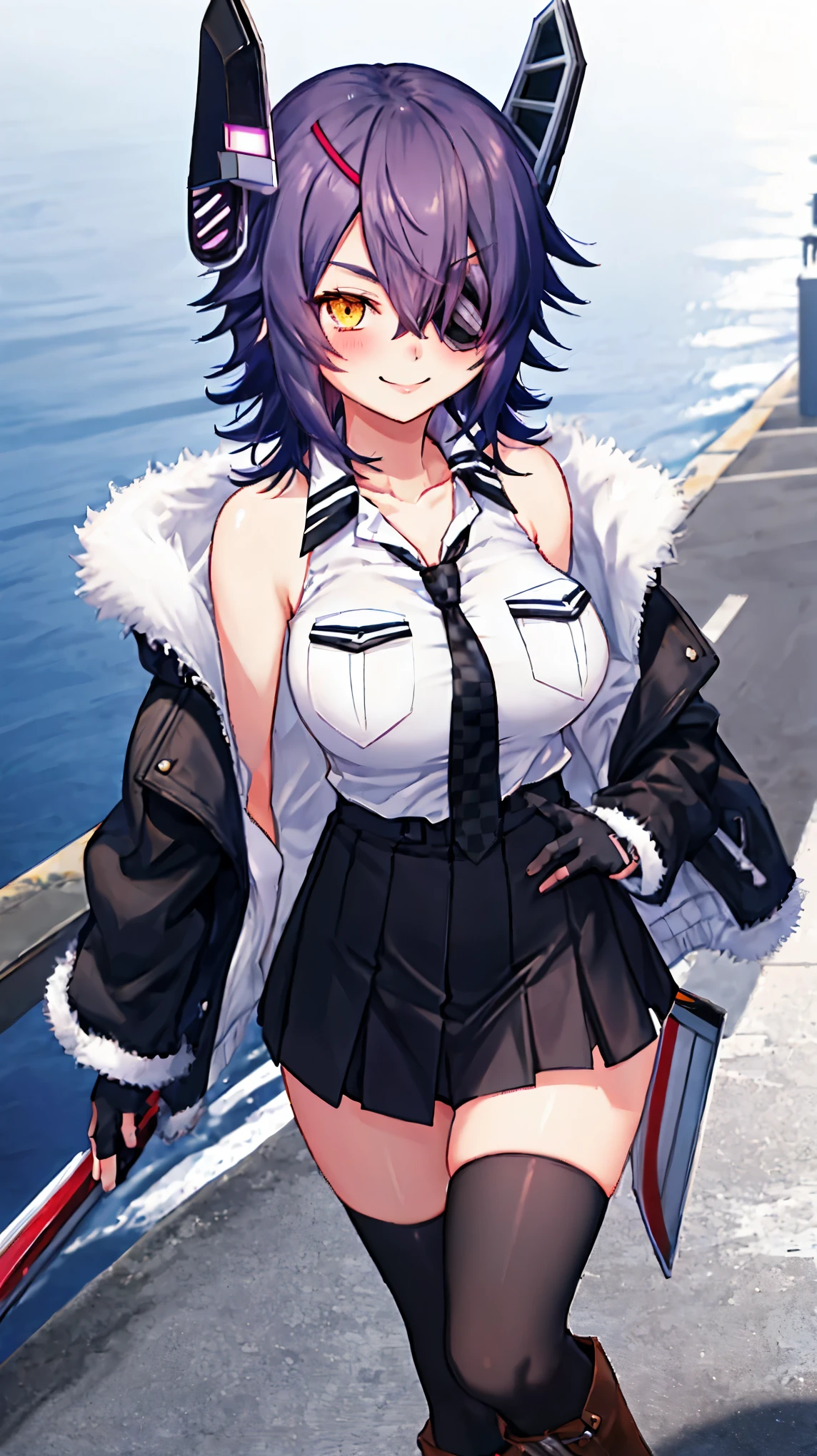 best quality, masterpiece, solo, {tenryuu_kantaicollection:1.15}, _girl, eyepatch, short_hair, purple_hair, yellow_eyes, headgear, breasts, necktie, large_breasts, smile, 1girl, blush, checkered_necktie, hair_over_one_eye, shirt, collared_shirt, white_shirt, jacket, sleeveless, brown_eyes, fur-trimmed_jacket, fur_trim, collarbone, looking_at_viewer, pocket, breast_pocket, ,, messy_hair, black_gloves, gloves, partially_fingerless_gloves,harbor_road_landscape_background,outdoor,short_skirt,thigh-highs,boots,sunlight,from_below