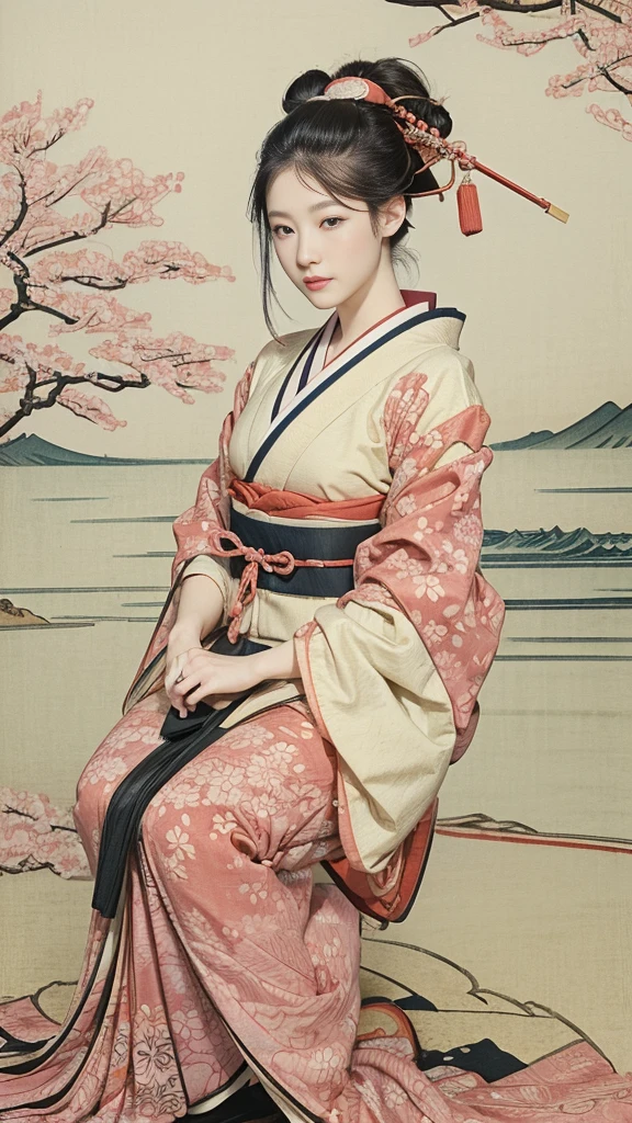 (background:Cherry blossoms on the mountain are covered with mist)((Ukiyo-e))japanese art,or period,tokyo art, lily,Natural landscape.(masseter membrane、top quality、Ukiyo-e style、mystery、Exquisite and beautiful、official art、Sharaku:1.2)、(1 japanese girl in:1.3)、(fractal art:1.3)、cowboy shooting、White skin、(beautiful brunette、kimono:1.2)、With Japanese traditional performing arts as the background、colorful、(reel、Belongs to Japanese style:1.2)、