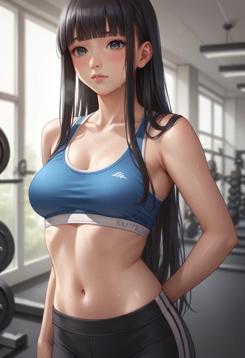 ((best quality, highres, masterpiece,illustration, beautiful detailed face, detailed eyes)),[[realistic]], (cute0.3), (small eyes:1.1), straight hair, long hair, blunt bangs, black hair, (sports bra:1.1), (breasts:0.7), solo, blush, sweaty, [weak1.0], (nipples:0.6),in gym, breast focus