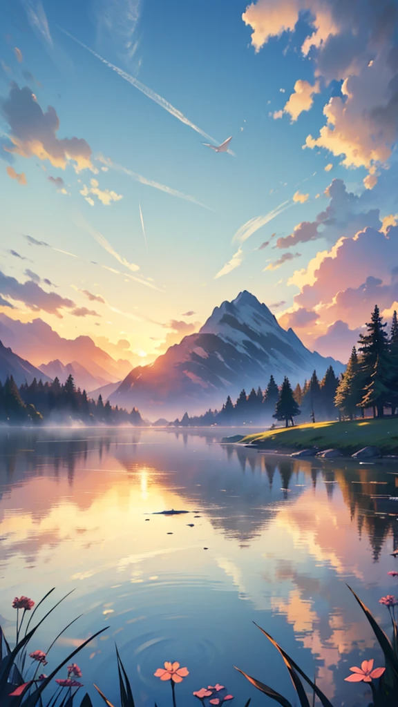 Create an image of an extremely serene and calming landscape that evokes a sense of peace and tranquility. Imagine a vast, ethereal meadow bathed in the soft glow of a setting sun, with gentle golden light filtering through tall, swaying grasses. In the background, there are distant, mist-covered mountains with a tranquil lake reflecting the soft pink and orange hues of the sky. Add delicate wildflowers scattered across the meadow, with a gentle breeze causing them to sway ever so slightly. The atmosphere should feel warm and welcoming, with a sense of endless space and freedom, inviting the viewer to take a deep breath and let go of all worries. The sky is adorned with pastel clouds, slowly drifting, while a few birds glide effortlessly through the air. The overall color palette should be soft and muted, with harmonious tones that create a dreamlike, peaceful ambiance.