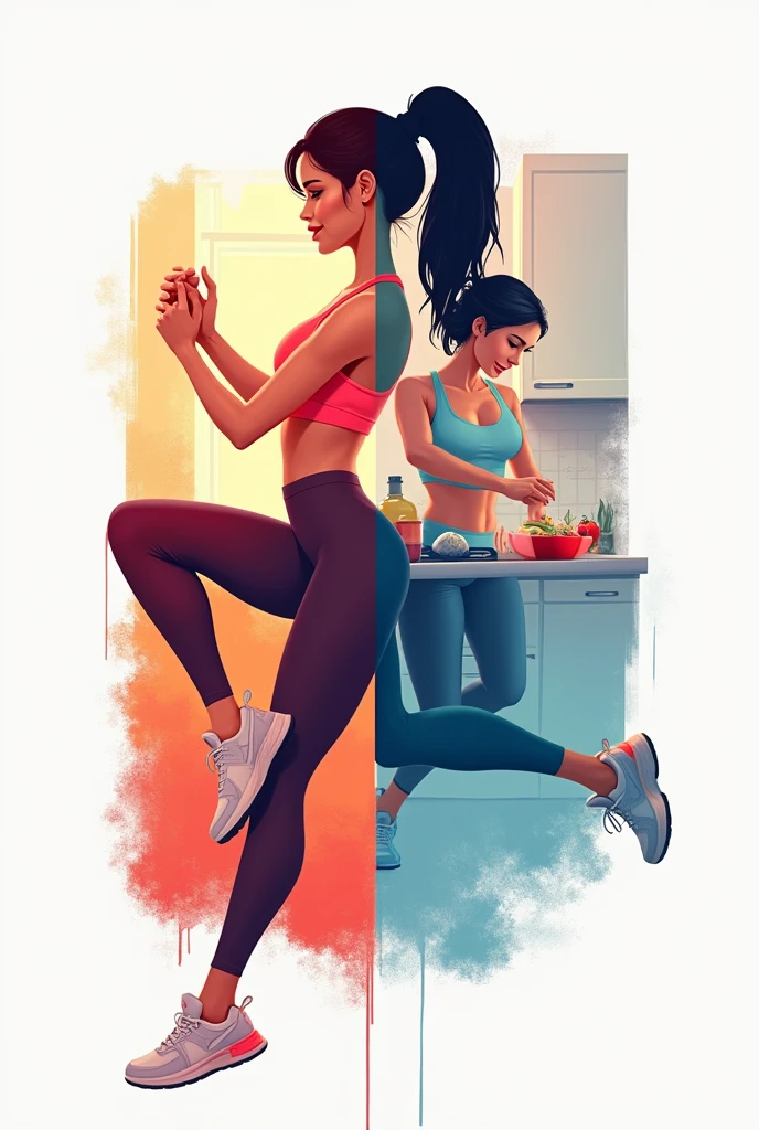 Logo for Instagram account, woman doing exercises, the other half the woman cooking, uses color psychology to make it more attractive to people, that draws attention,vector, Digital art